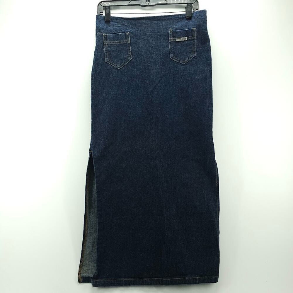 90s Watch LA Skirt Womens Large Maxi Jean Denim Side Slit Pockets Vntg Made USA